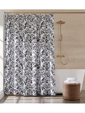 Brooklyn Loom Bird & Vine Print Shower Curtain - White and Blue